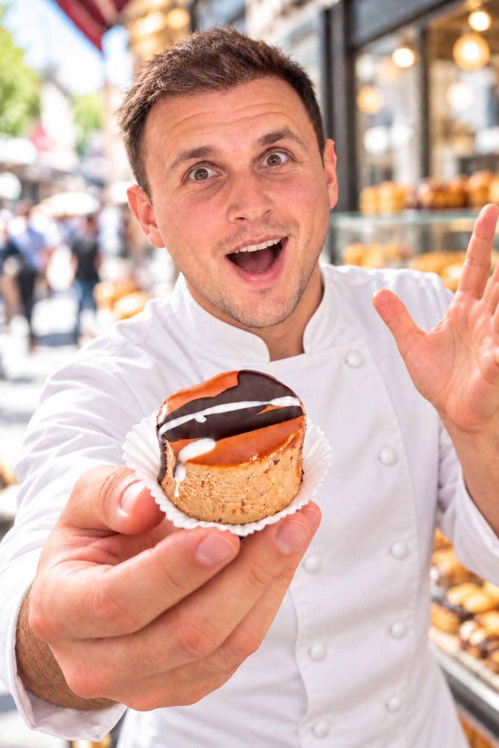 Chestnut Minion offered to the camera outside a pastry shop
