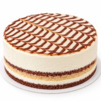 Nougat cake with white cream, chocolate stripes and chocolate and vanilla sponge layers